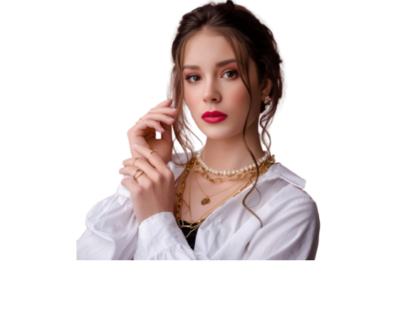 a woman with a necklace and a white shirt